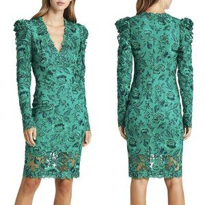 Tadashi Shoji Floral Embroidered Green Lace Puff Long Sleeve Dress Women’s Sz 8